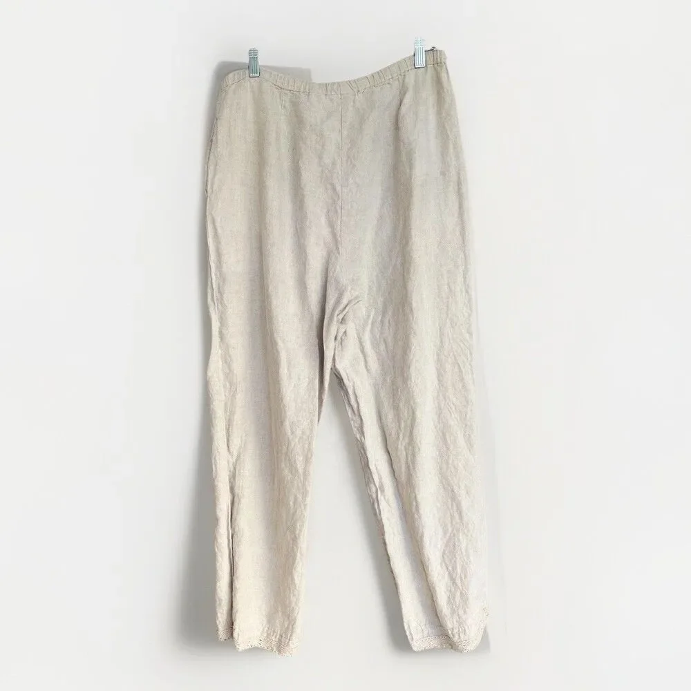 Liz Claiborne Linen Lace Trim Pants Womens 12 Beige Neutral Boho Coastal Grandma